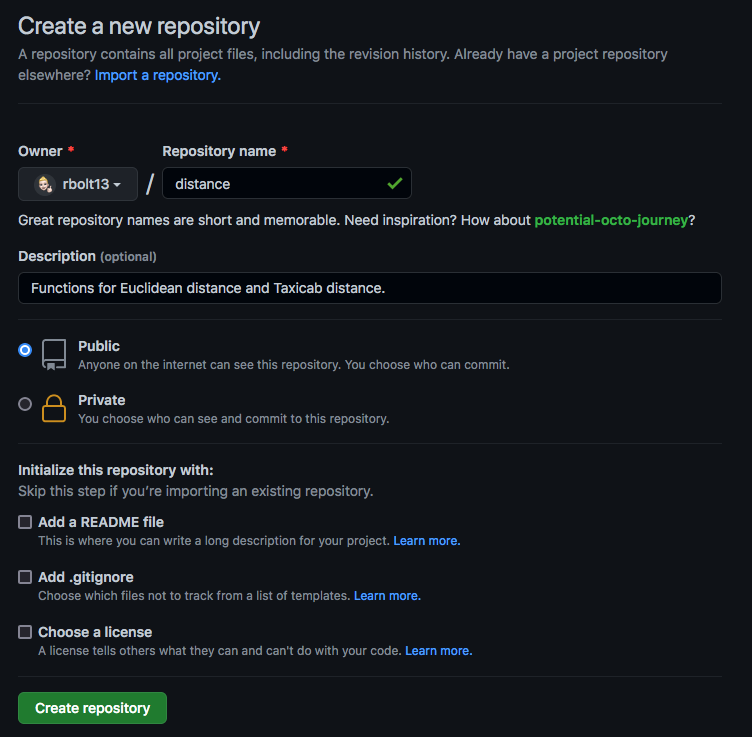 How the create a new repository page will look before you create it.